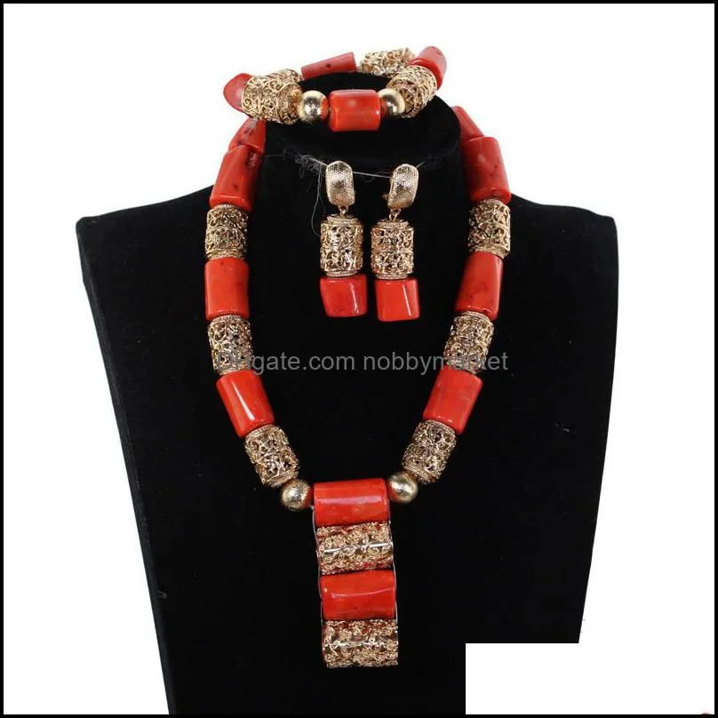 Genuine Necklace for Brides Nigerian Wedding African Coral Jewelry Set Gold Dubai Party Beads CNR319 C18122701