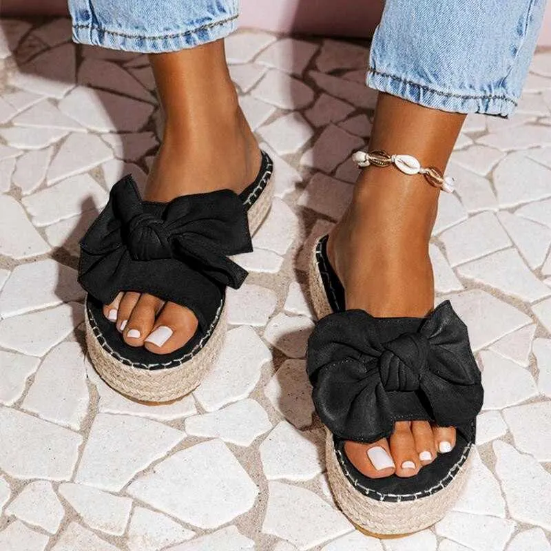 Kvinnor Sandaler Sweet Bow-Knot Platform 2021 Sommarskor Kvinna Wedges Heels Sandalias Mujer Peep Toe Flat tofflor Y0714