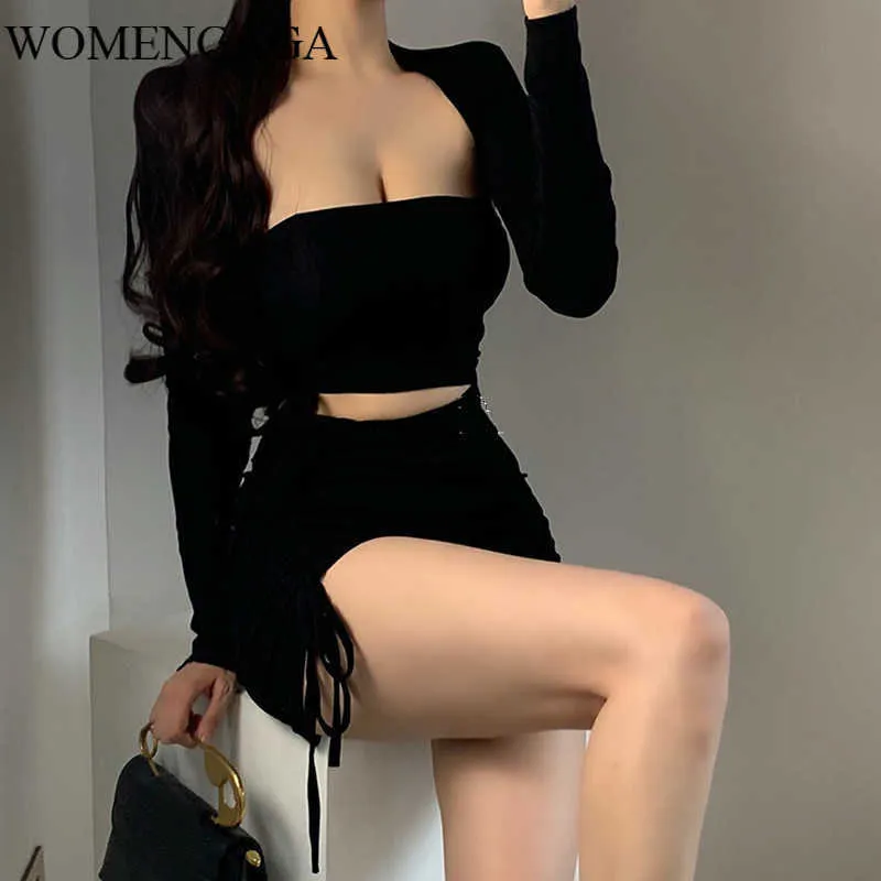 Womengaga Sexy Niski Piersi Bez Ramiączki Sznurek Koronki Pokaż cienkie Cardigan Pełna rękaw Topy + HGIH Waist Mini Sukienka Zestaw CA5V 210603