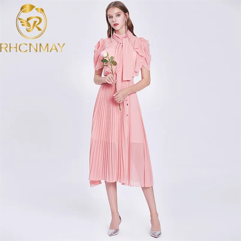 Vintage elegante Bowknot Collar rosa verano gasa plisada Midi vestido largo Retro Oficina señora trabajo con botón 210506