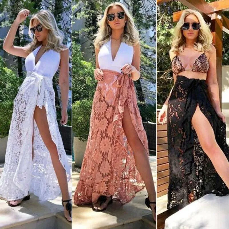 Mulheres Biquíni Cobrir Swimwear Sheer Lace Long Beach Maxi Envoltório Saias Sarong Verão Split Saia Cover-Ups Preto Branco Rosa Sarongs