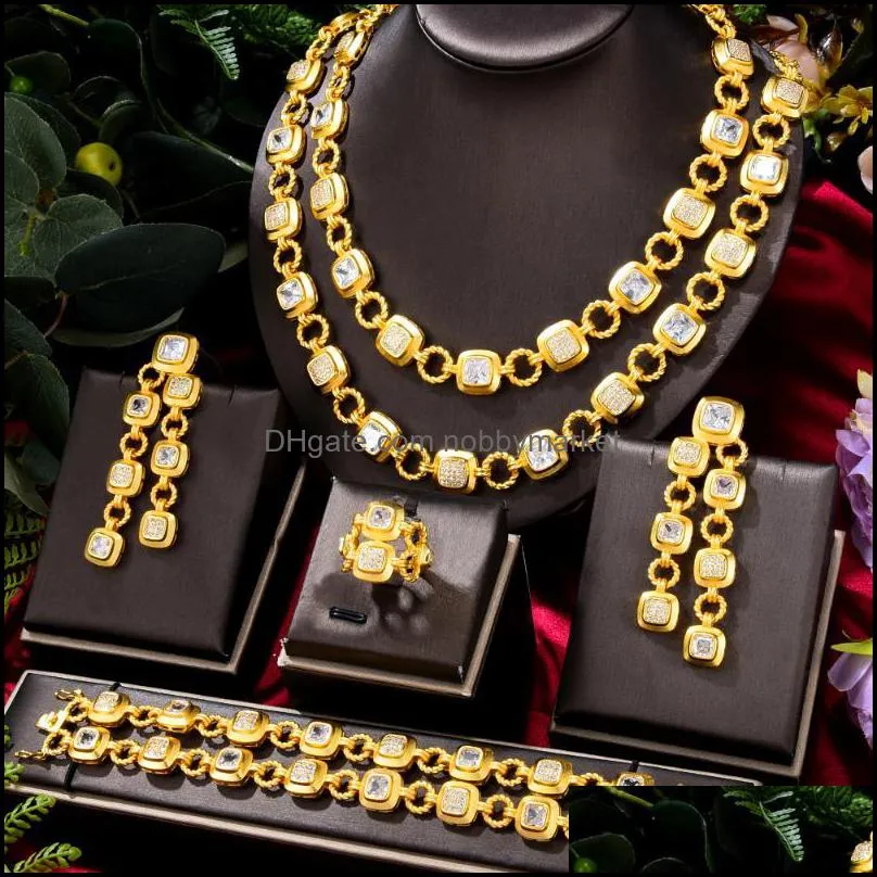 Earrings & Necklace GODKI HIPHOP PUNK 4PCS ICED OUT  Link Chain Jewelry Set For Women Wedding Party Cubic Zircon Dubai Bridal