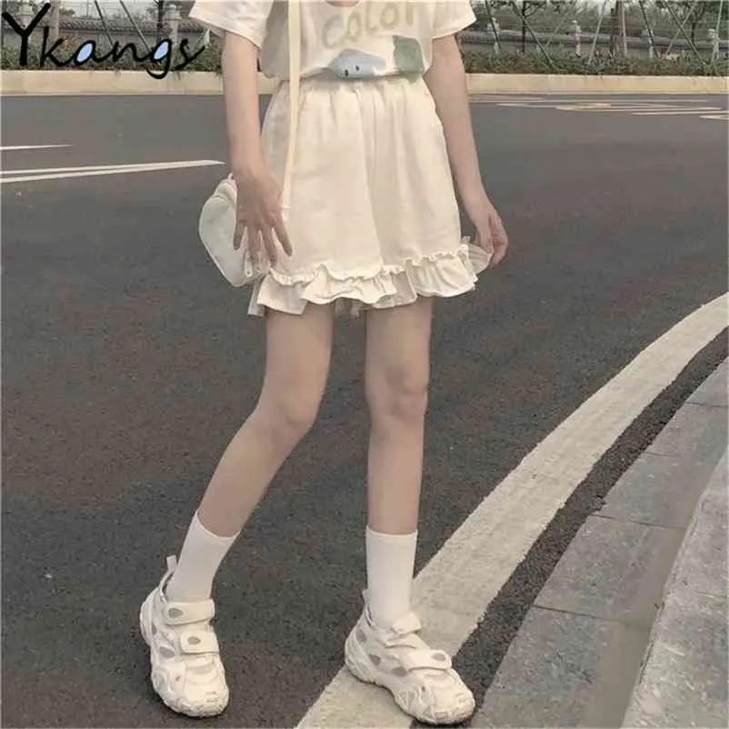 Sommar kawaii vita shorts kvinnor höga midja söta tjejer ruffles lös avslappnad söt elegant härlig koreansk vildkvinna 210421