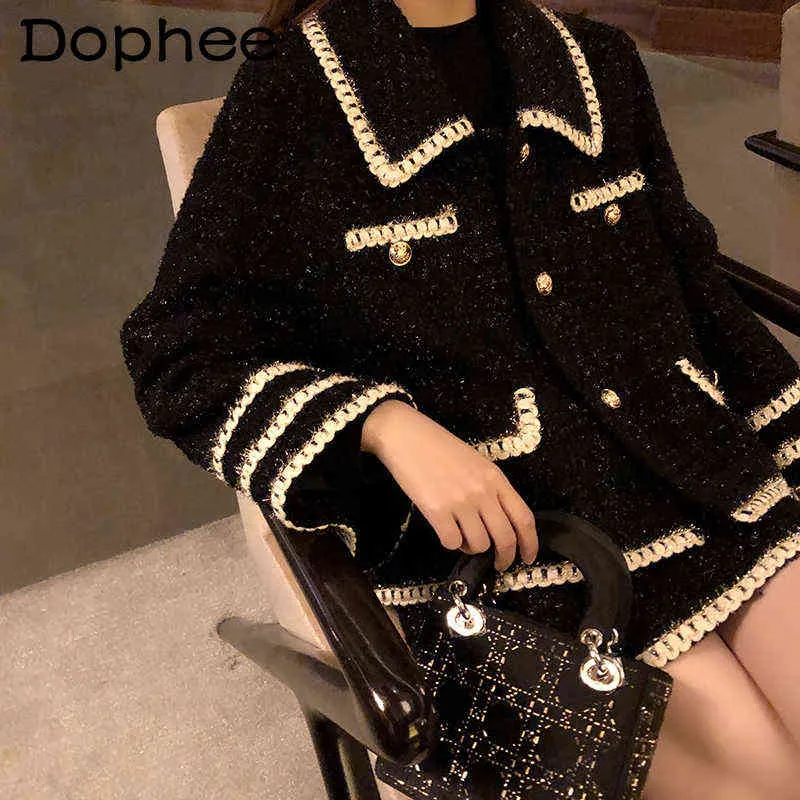 Outono inverno temperamento preto saia terno mulheres brilhante seda tweed casaco top + saia curta de duas peças conjuntos moda 211119