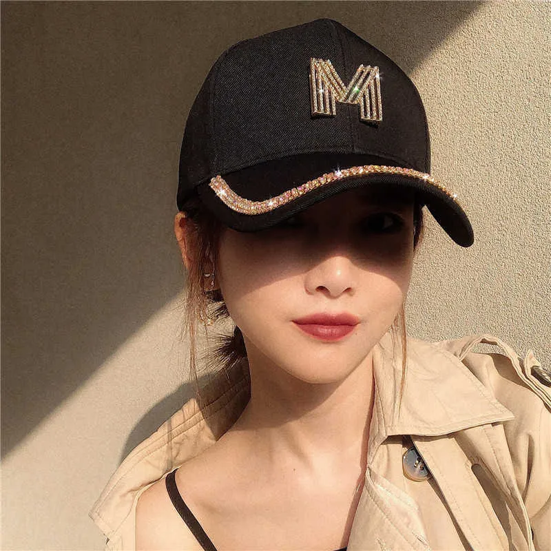 Litera M Women Bling Baseball Cap Ladies Fashion Caps z Dhinestones Snapback Hip Hop Kapelusze Dla Kobiet Czarny White Q0911