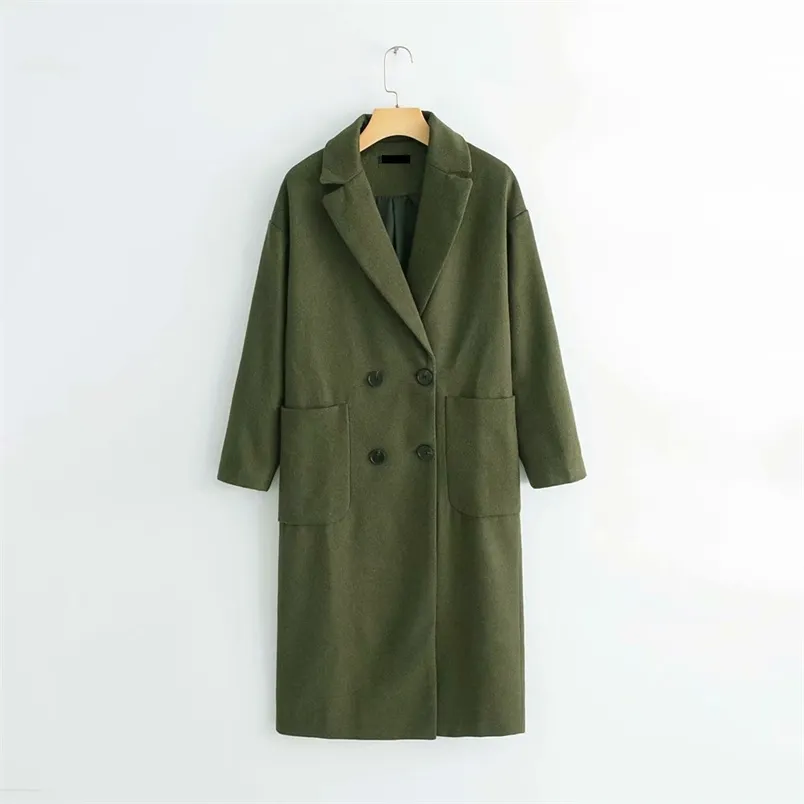 Stylish Elegant Women Green Woolen Coat Winter Fashion Thick Warm Long Blends Overcoat Casual Female Outerwear 210531