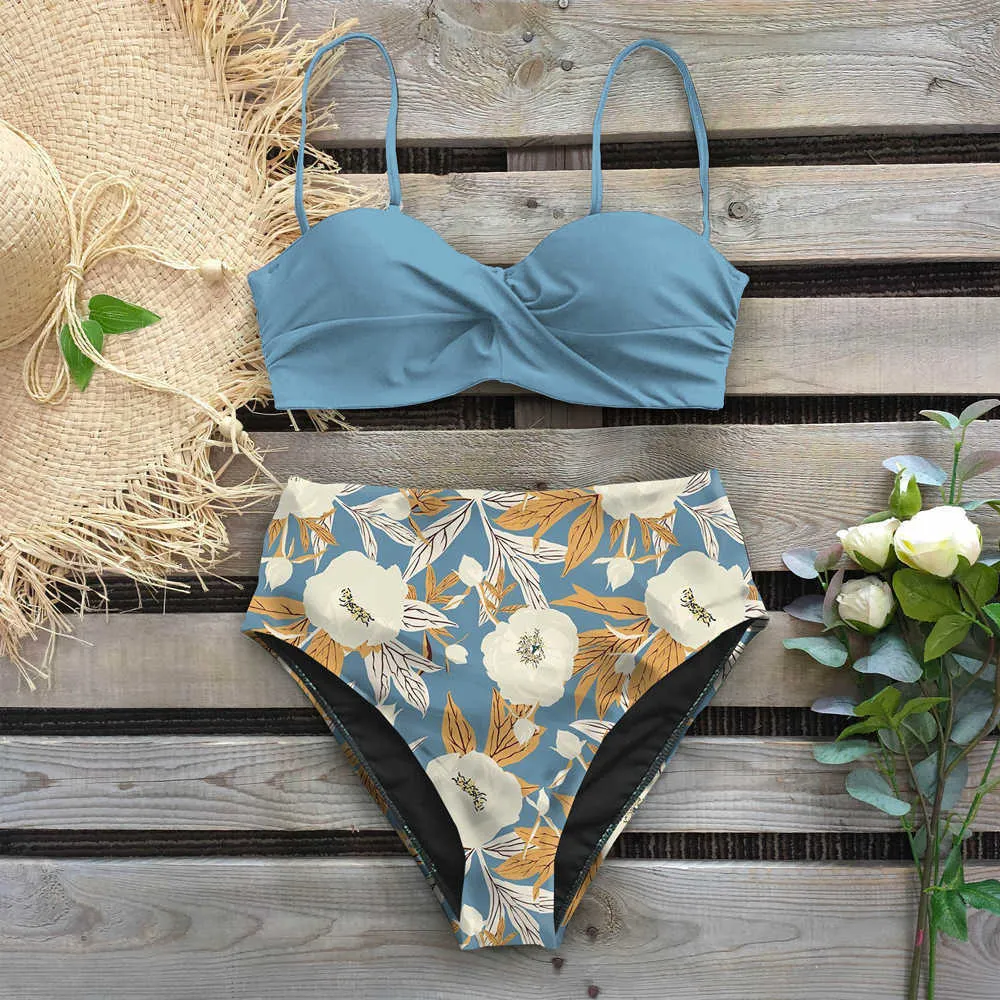 Leaf Print High Waist Push Up Mid Waist Bikini Set Sexy
