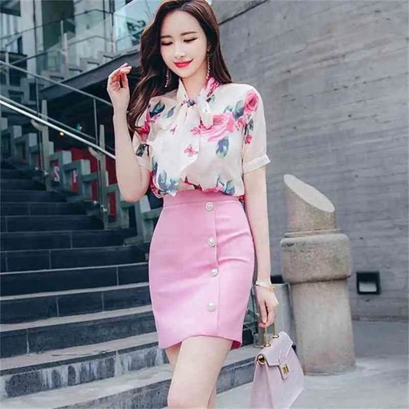 Save Big on Bulk Korean Two Piece Dress Set Floral Two Piece Short Set  Women's Elegant Chiffon Shirt Top And Pink Mini Skirt Suit Korean Fashion 