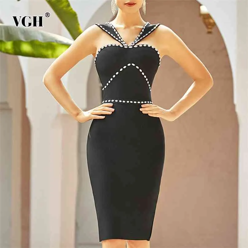 Summer Fashion: Black Diamond Patchwork V-Neck Black Midi evening dress with Sleeveless High Waist Midi Design for Women - Style 210531