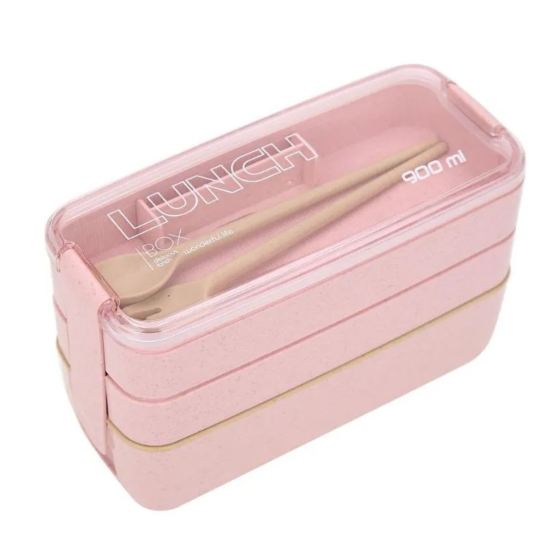 900ml 3 Layers Bento Box Eco-Friendly Lunch Boxes Food Container Wheat Straw Material Microwavable Dinnerware Lunchbox W0246