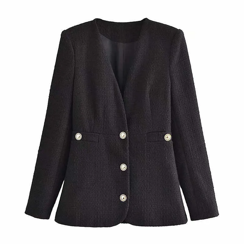 YENKYE est Women Vintage Black Tweed Blazer Elegant Lady Office Suit Jacket Female Single Breasted V Neck Business Chic Tops 210927