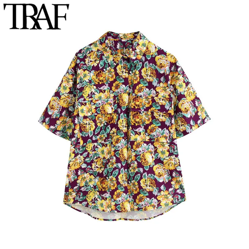 Traf Women Fashion with Pockets Floral Print Loose Blouses Vintage korte mouw knop Beach vrouwelijke shirts chic tops 210415