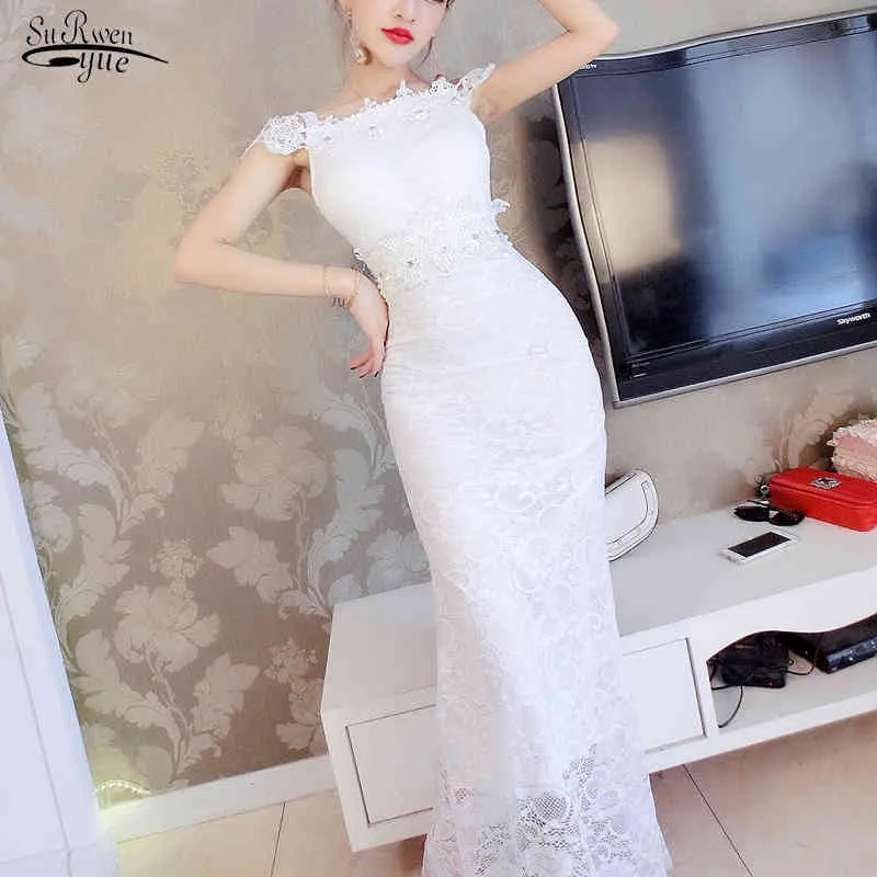 Seksowny Kołnierz Koronki Slim Ogon Handmade Zroszony Sukienka Wysoka Talia Lato Biały Czerwony Czarny Maxi Dla Kobiet Vestidos 9401 50 210508