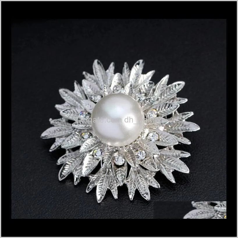 luxury silver leaf flower brooches big pearl crystal brooches pins corsage breastpin for man women wedding jewelry gift