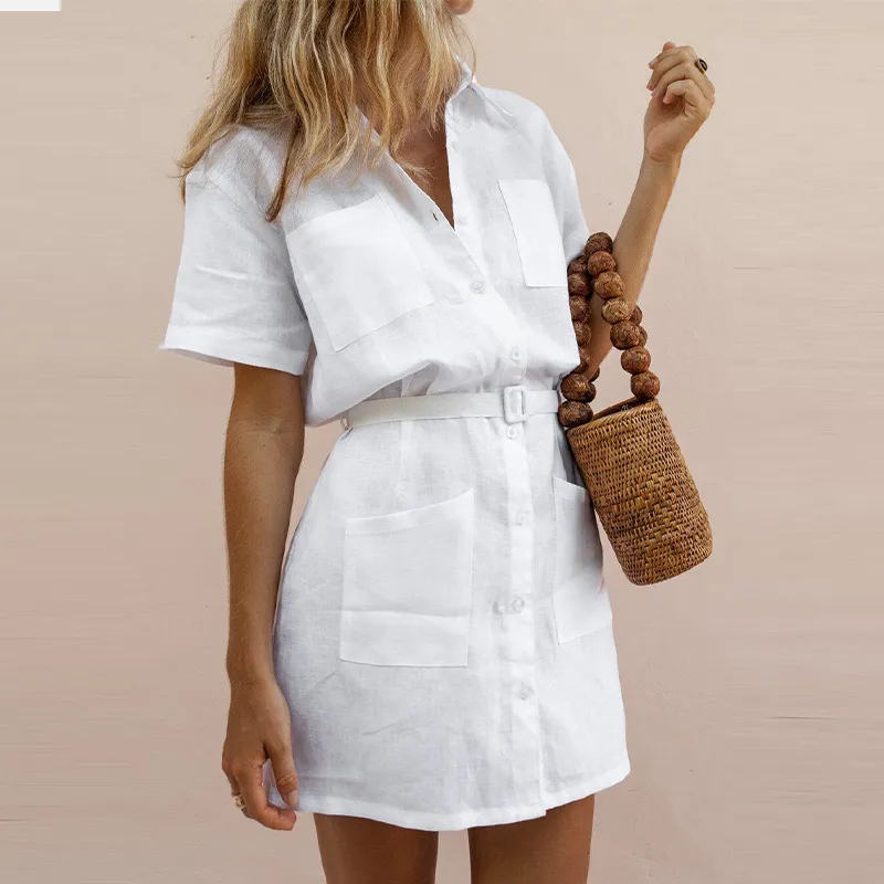 Women's Short Sleeve White Shirt Dress with Turn Down Collar and Pocket Womens Petite Casual Dresses: Lightweight Mini Shirt Dress With Pockets,  Short Sleeves, Turn Down Collar Solid White Summer Essential From Dou01,  $11.38 In Bulk | DHgate.Com