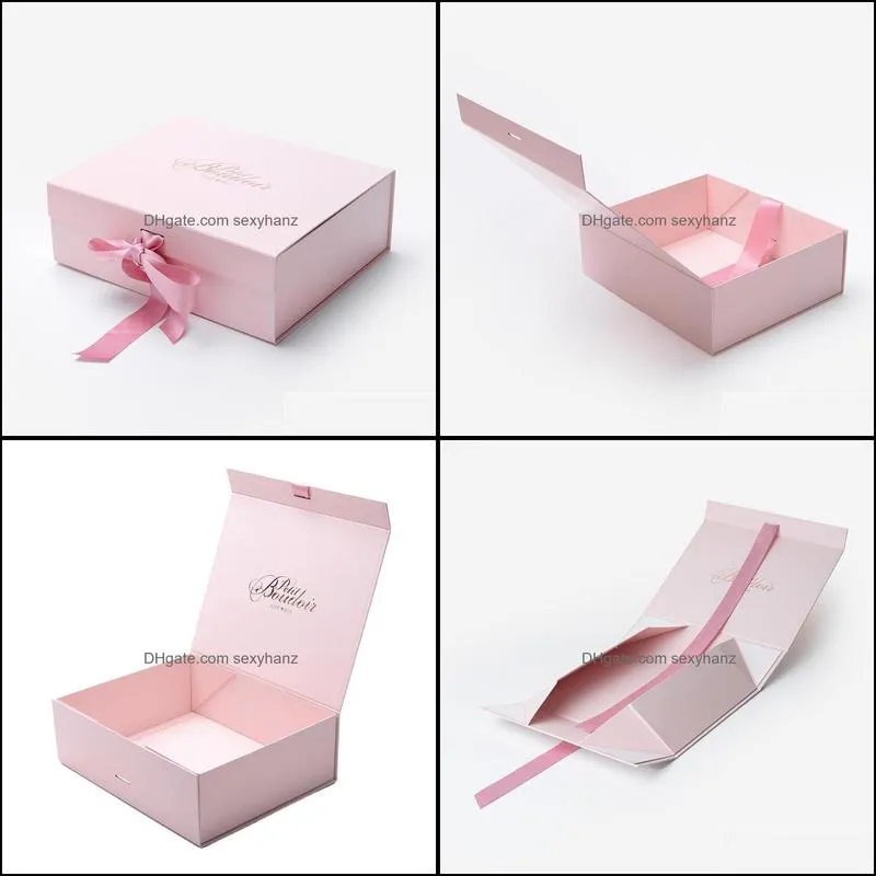 Jewelry Pouches, Bags Wholesale 600pcs/lot Pink Custom Logo Printed Magnet Foldable Gift Packaging Boxes Paper Box