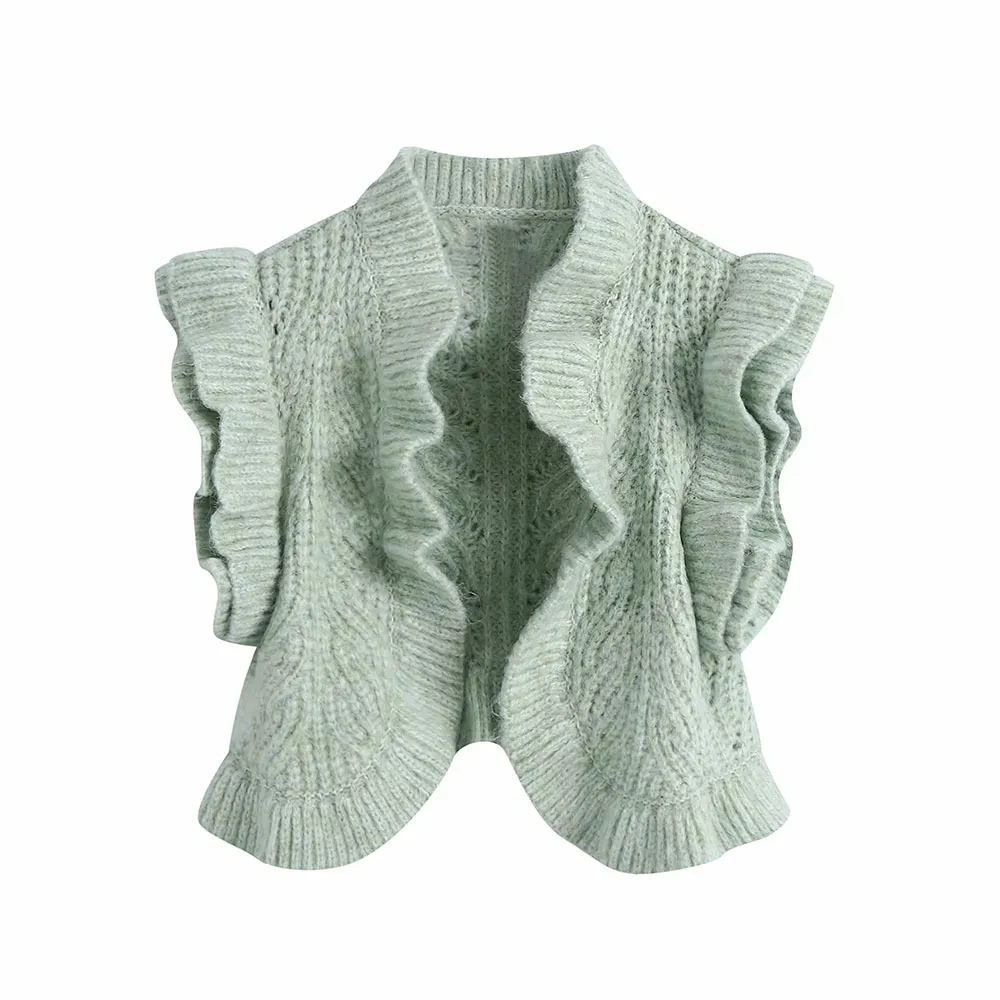 Mulheres Mint Verde Ruffles Laminação Decorar Sweater Feminino Manga Curta Sem Duttons Cardigan Chique Top 210520