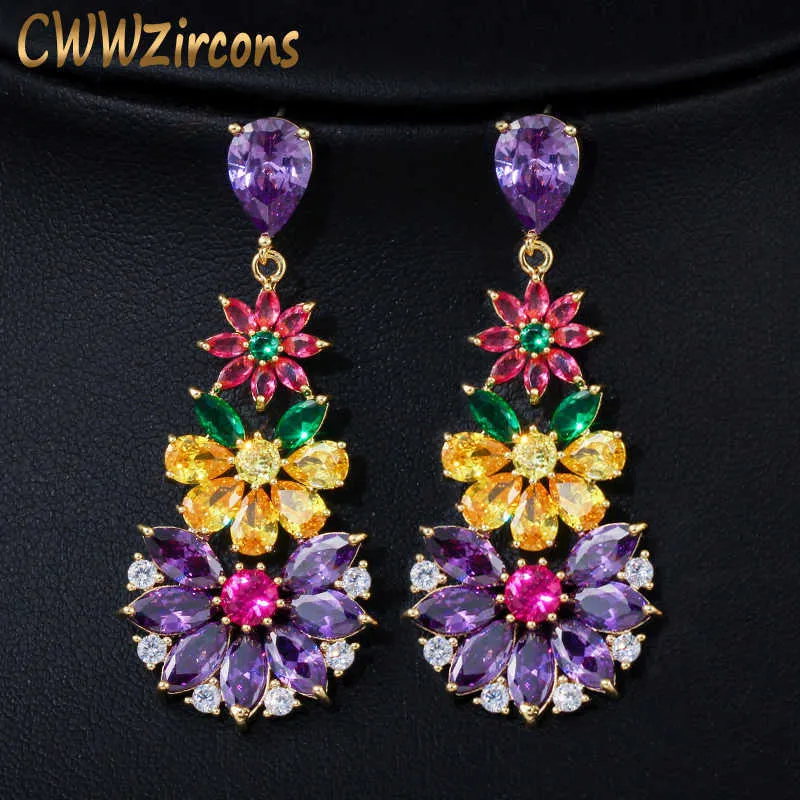 Unique multicolore cubique zircone cluster fleur balancent boucles d'oreilles pour femmes robe de soirée de mariage bijoux CZ430 210714