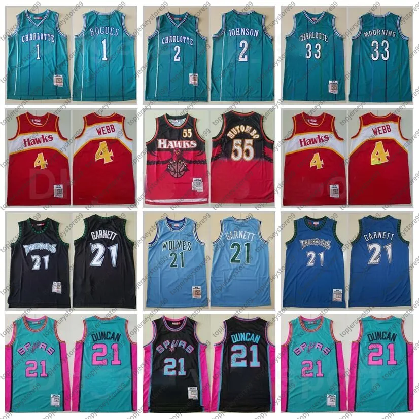 Pas cher Mitchell et Ness Basketball Tim Duncan Jersey Spud Webb 4 Dikembe Mutombo 55 Tyrone Muggsy Bogues 1 Larry Johnson 2 Alonzo Mourning 33 Kevin Garnett 21 Retro