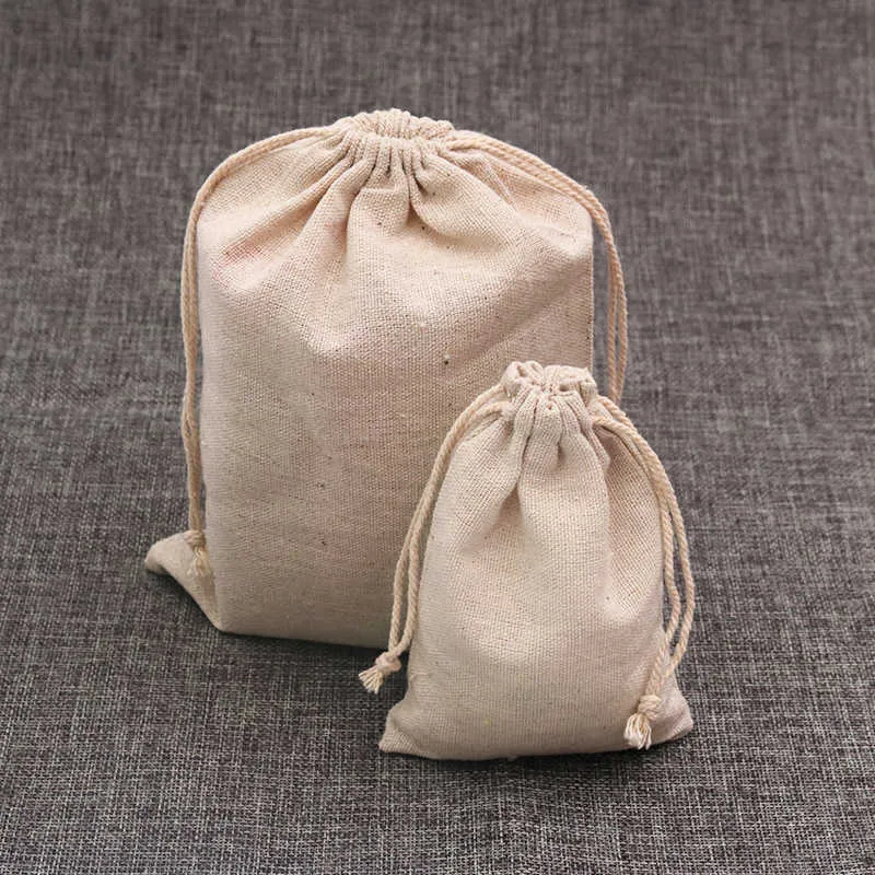 100pcs/lot Natural Color Cotton Bags Small Linen Drawstring Gift Bag Muslin Pouch Bracelet Jewelry Packaging Bags Pouches 211014