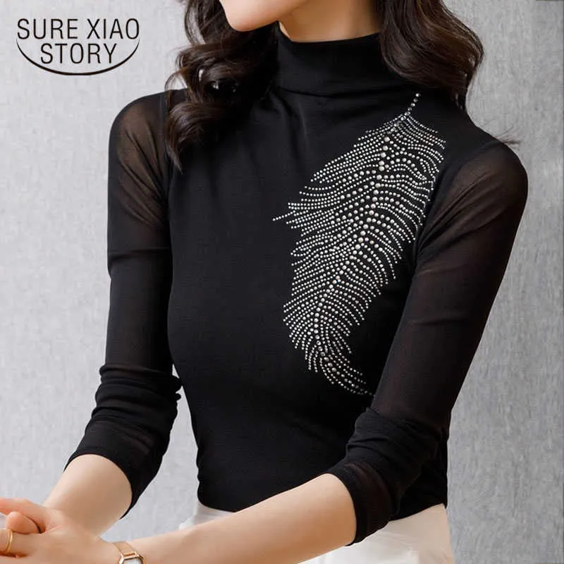 Autumn Women Elegant Fashion Mesh Stitching Casual Women Blouse Diamond Beaded Chiffon Shirt Women Clothes Top Blusas 10767 210528