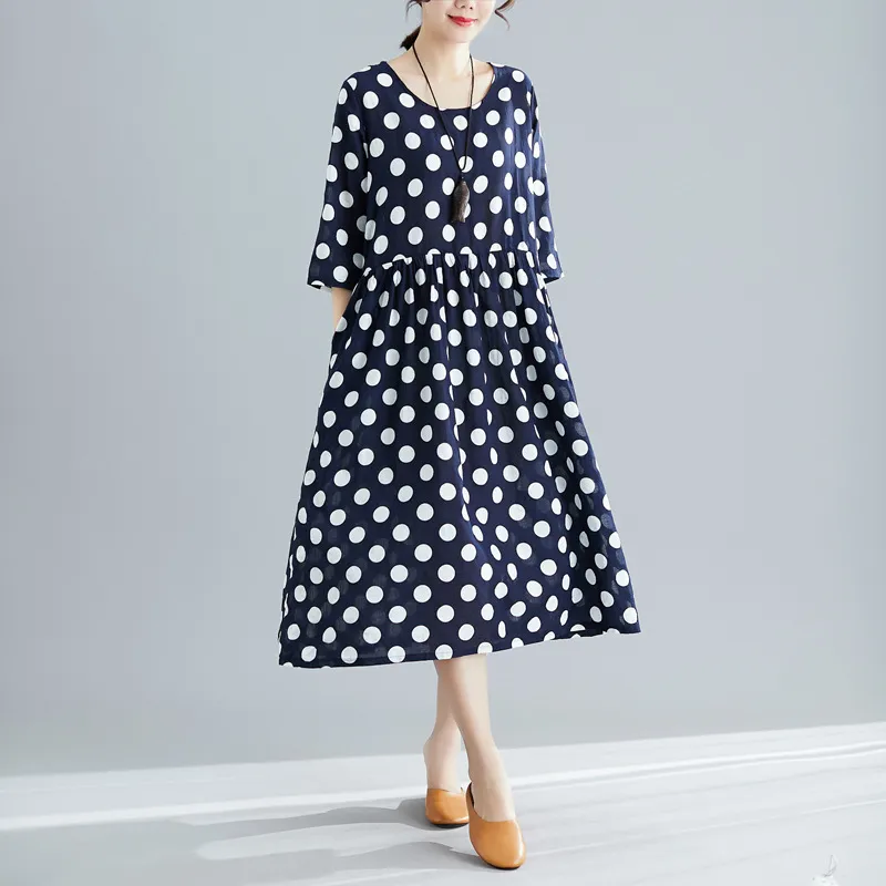 Johnature Casual Care Summer Sukienka Loose Dot Krótki Rękaw Kieszenie O-Neck Korea Styl Czarny Kolor Kobiet Dress 210521