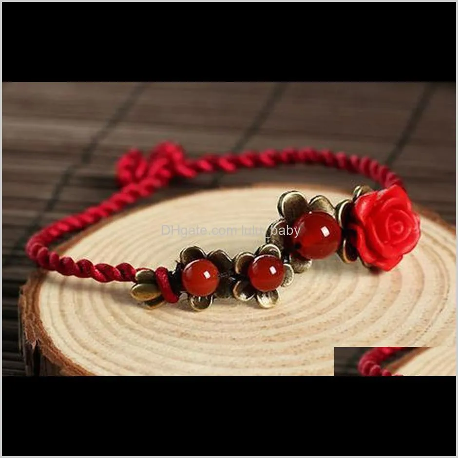 retro windscent roses fashion simple hand-woven red rope anklets