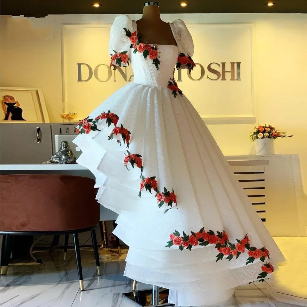 asymmetric skirt Saudi Arabia Irregular Prom Dresses flower Newest Lace Embroidery Pleated Short Sleeves Chic Evening Dress Dubai Arabic Women Robe