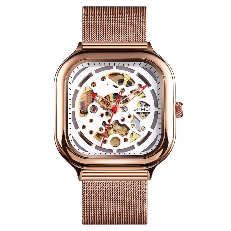 Square creative fashion new automatic hollow watch men's genuine waterproof mechanical watch men (white 304L)