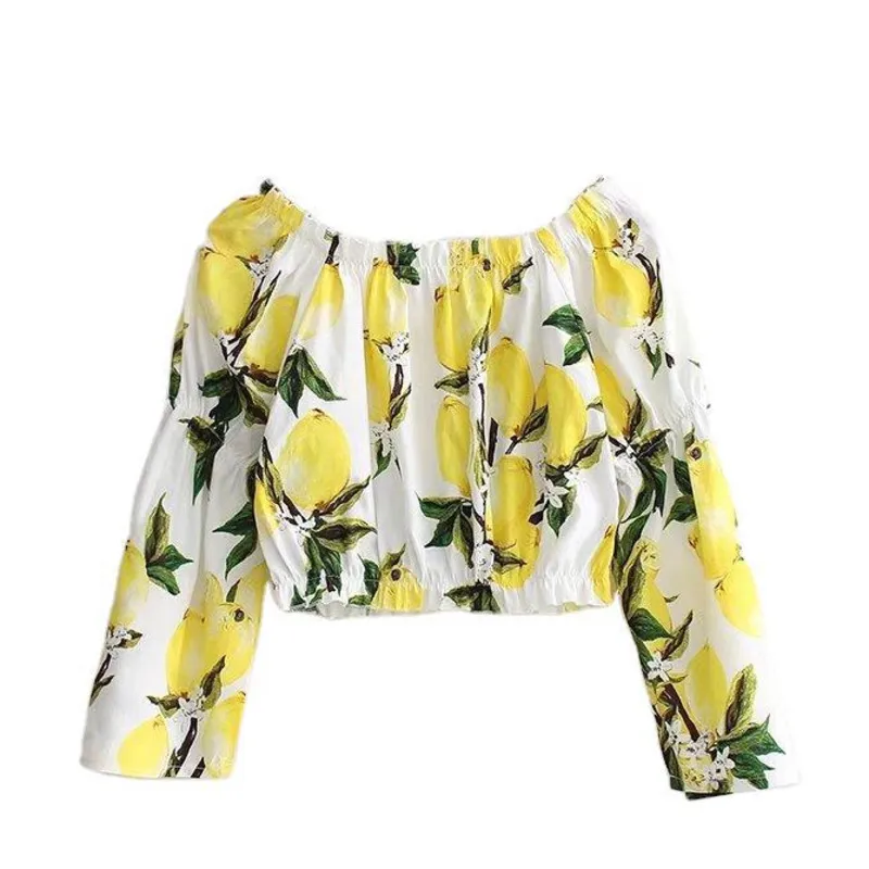Women's Yellow Print Blouses One-line Collar Off-shoulder Lemon Printed Crop Tops Autumn New Chic Long Sleeve Short Blusas 210419