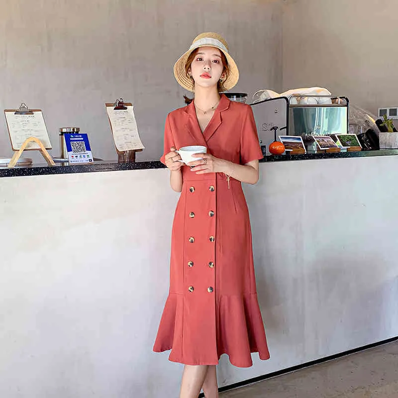 Summer Elegant Women's Office Midi Dress Korean Clothes Short-Sleeved Suit Collar Double-Breasted Fishtail 210514