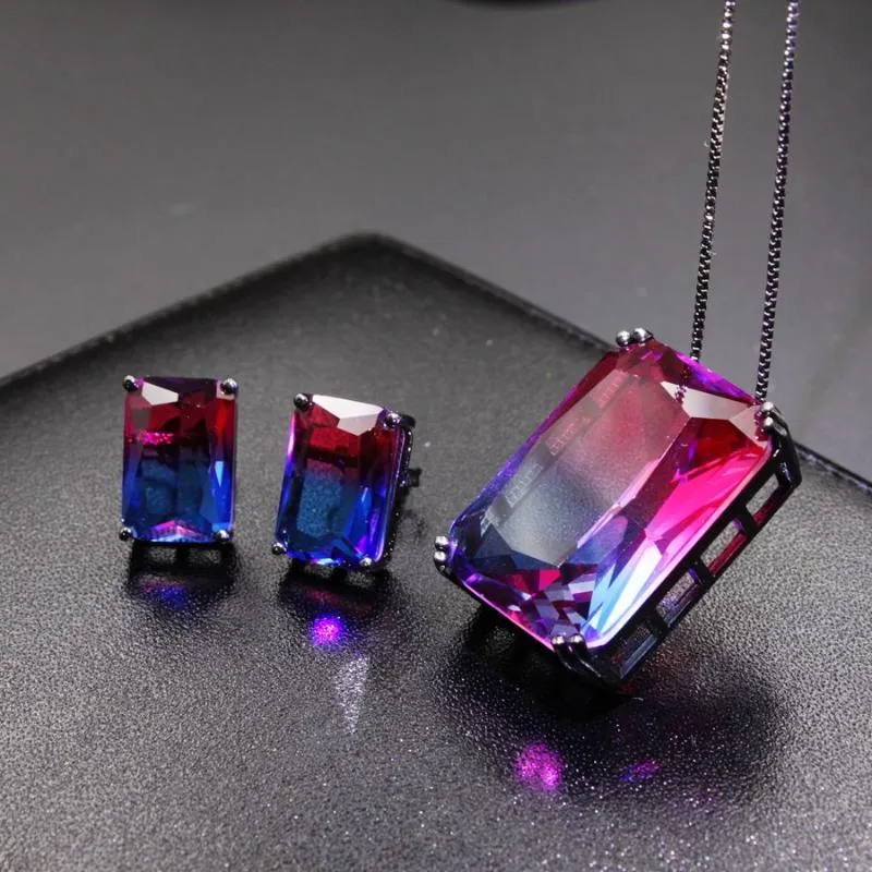 Earrings & Necklace Square Drop Jewelry Sets For Women Fashion Jewellery Multicolor Nature Stone Crytal Glass Stud And Pendant