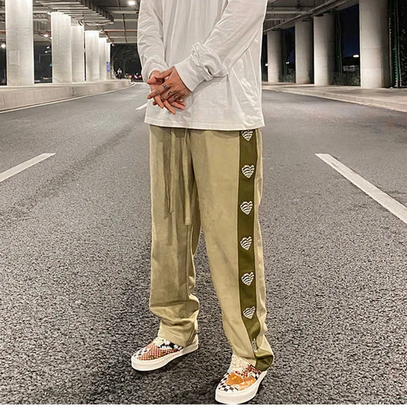 Hip Hop Suede Love Embroidered Letters Casual Pants Mens Straight Color Block Drawstring Loose Trousers High Street Track Pants P0811