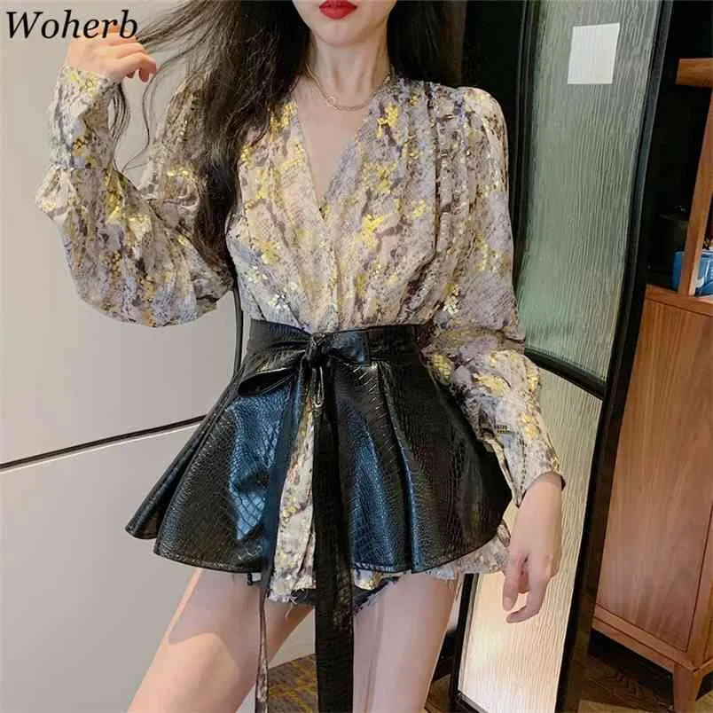 Schlange Drucken Langarm Bluse Frauen Sexy V-ausschnitt Hemd Gürtel Set Koreanische Chic Mode Kleidung Streetwear Blusas 210519