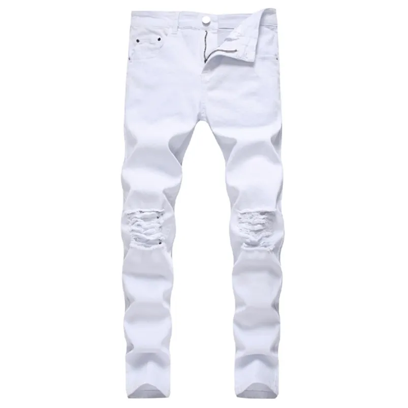 Solid White Ripped Jeans Mężczyźni Klasyczne Retro Męskie Skinny Marka Elastyczne Dżinsy Spodnie Spodnie Casual Slim Fit Pencil Pant 210715