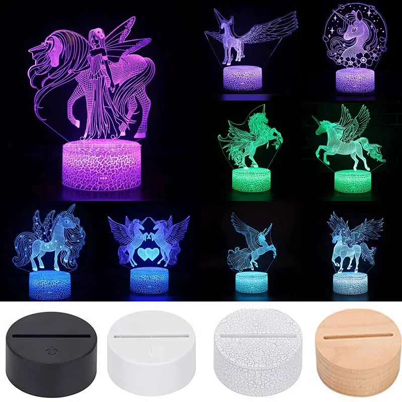 3d LED Night Light Unicorn Shaped Bord Desk Lamp Base Lights Xmas Heminredning Härliga gåvor för barn med fjärr 66 design