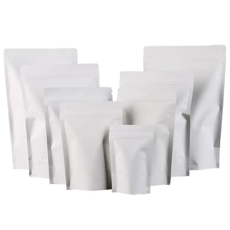 Sacos de armazenamento 50 pçs / lote branco papel kraft stand up food bag mylar folha inlay pacote rasgar o zíper chá reclosable chá