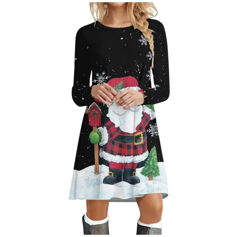 Casual Dresses Christmas Dress Women 2021 Fashion Reindeer Santa Print Winter Långärmad O-Halsrock T-shirt Lös plusstorlek