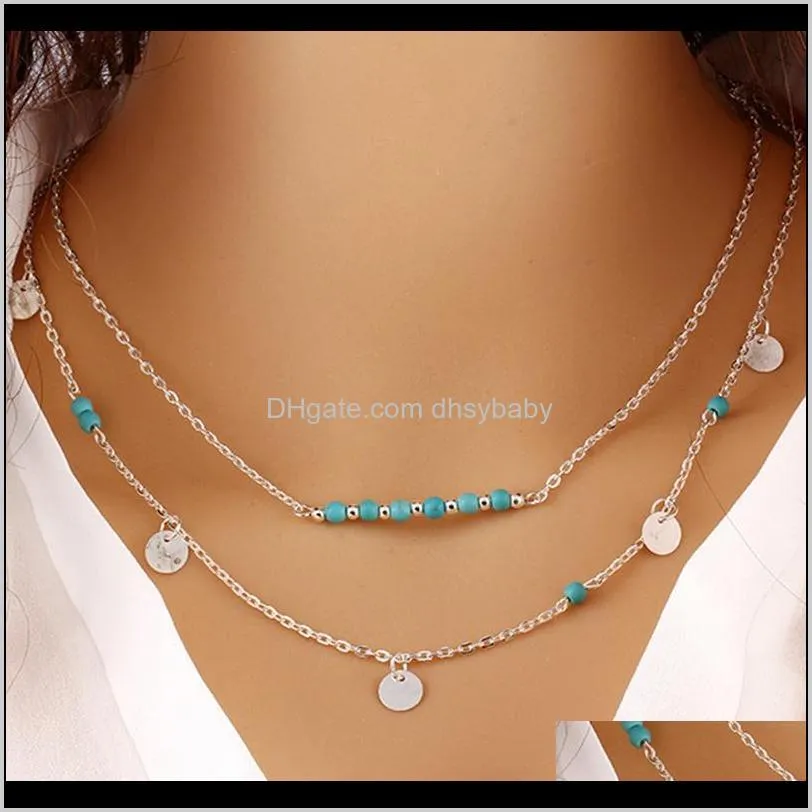 women bohemian ethnic style turquoise beads pendant necklace clavicle chain sequin double-layer necklace fashion jewelry