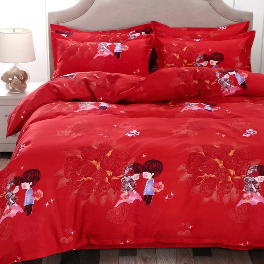 Bekvämt täcke täcka textil sängkläder säng duvet täckning tecknad stil nyligen gift röd chine stil (endast 1pc duvet lock) F0367 210420