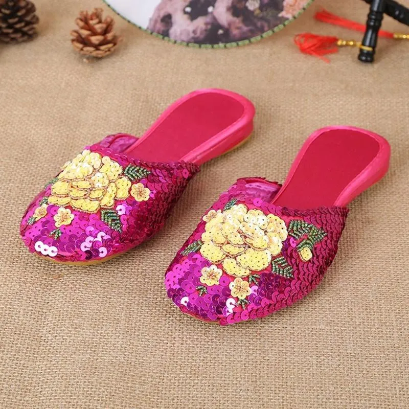 Slippers vrouwen Chinese borduurwerk bloemen pailletten slides glijden op flats flip flop loafers sandalen ademende 5colors u02