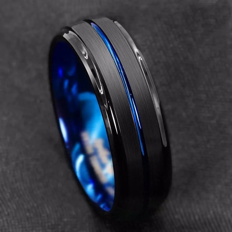 Vigselringar Herrmode 8MM Svart Borstad Ladder Edge Tungsten Ring Blue Groove Herr Presenter Till