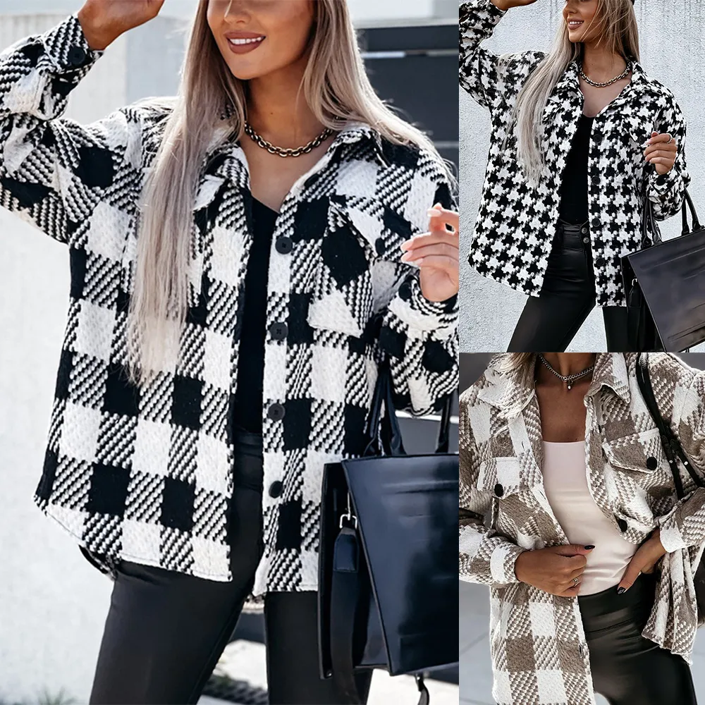 New Style Woman Woolen Jacket Black And White Aound Neck Korean Version Slim V-neck Short Autumn Coat