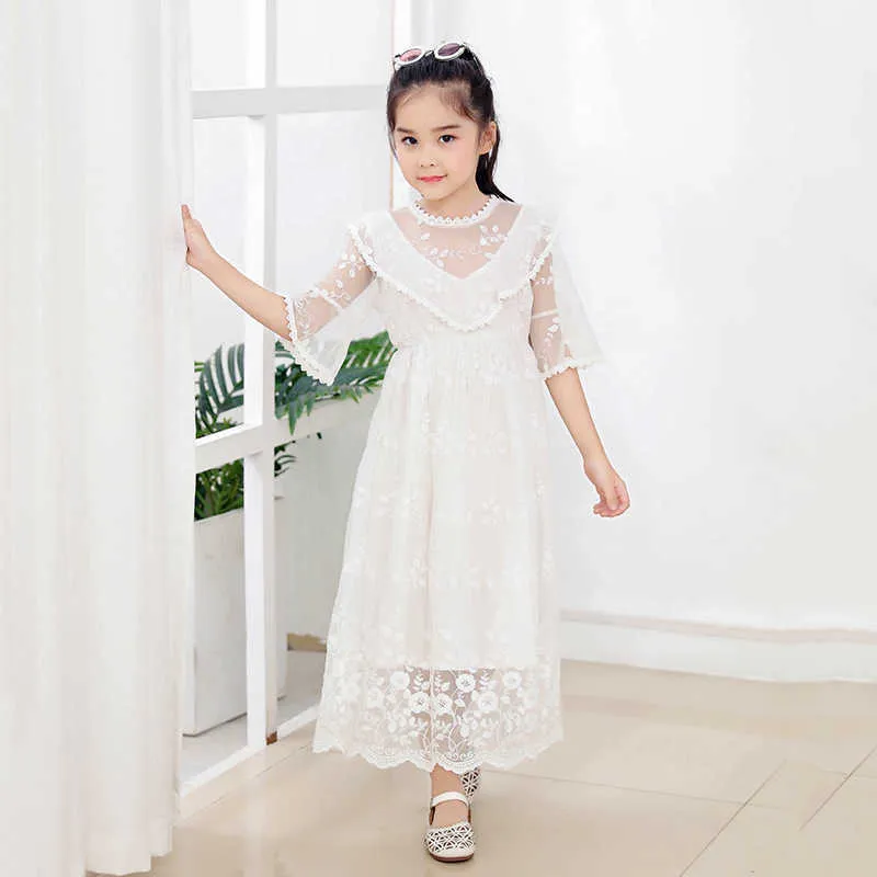 Summer New Children Clothing Baby Girls Lace Dress Teens Princess Party Dress Cute Embroidery FashionCotton Kids Clothes 3-13Y Q0716
