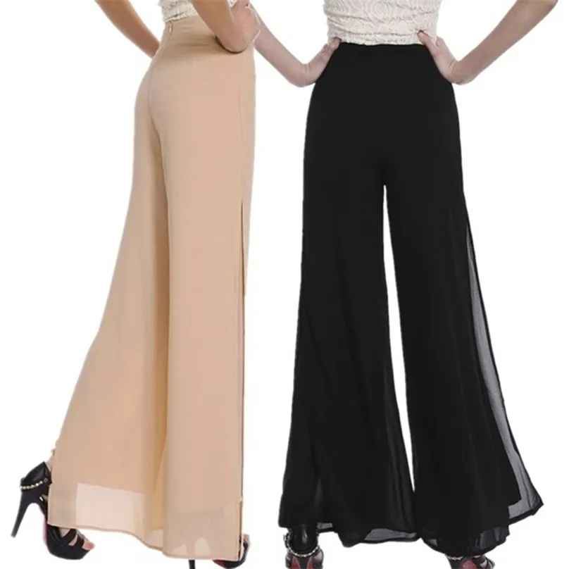 Verkoop Zomer Vrouwelijke Wide Beenbroek Dames Hoge Taille Dubbele Lagen Split Chiffon Losse Zwart Elegante Broek 210925