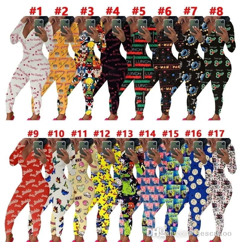 Mulheres Jumpsuits Sexy Slim Casual Cartas Cartoes Padrão Impresso V-Decote De Manga Longa Calças Senhoras Casa Pijamas Onesies Onesies