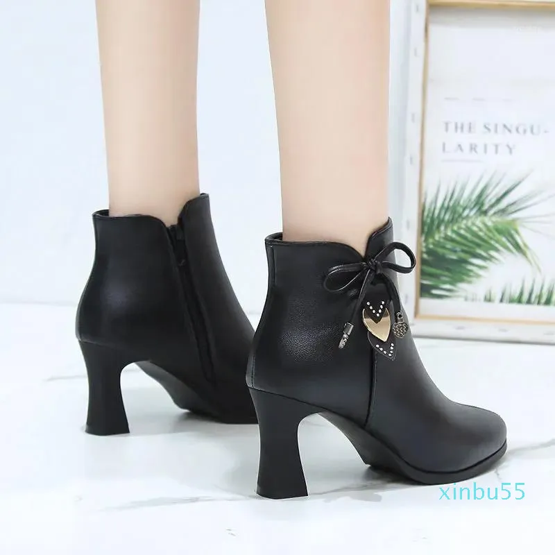 Dress Shoes Women Classic Grey Pu Leather Side Zipper Bow Tie High Heel Ankle Boots Lady Cool Black Winter Botas Femininas
