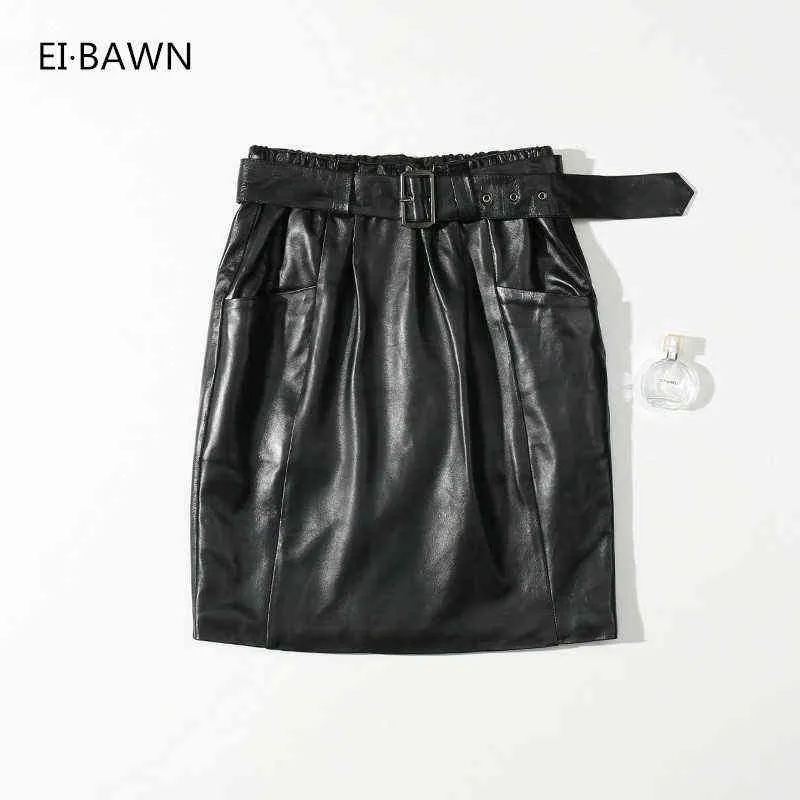 Outono inverno saias de couro genuíno saias Mulheres Alto Lambskin cintura sexyclub preto mini saias senhoras sheepskin sexy saia 211120