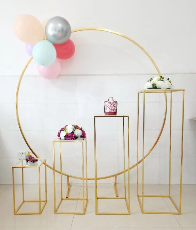 5pcs Shiny Gold Wedding Decoration Outdoor Lawn Flower Plinths Table Aisle Iron Circle Birthday Party Arch Backdrops For Balloon Sash Toys Crafts DIY Floral Rack