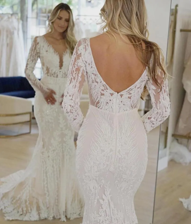 Robes de mariée sirène dentelle Applique robe de mariée avec manches longues broderie sur mesure robe De Novia grande taille balayage train